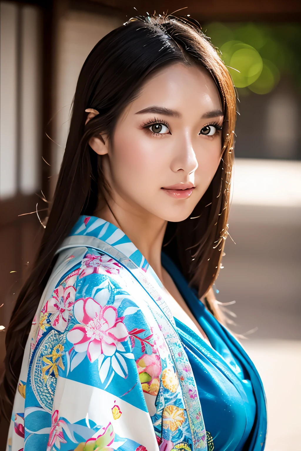 Realistic, Highest quality, 8k, woman, 20-year-old, Sakura pattern kimono, Large Bust, Long Hair, Ultra-detailed skin textures, Soft Lighting, Fairy, Bokeh