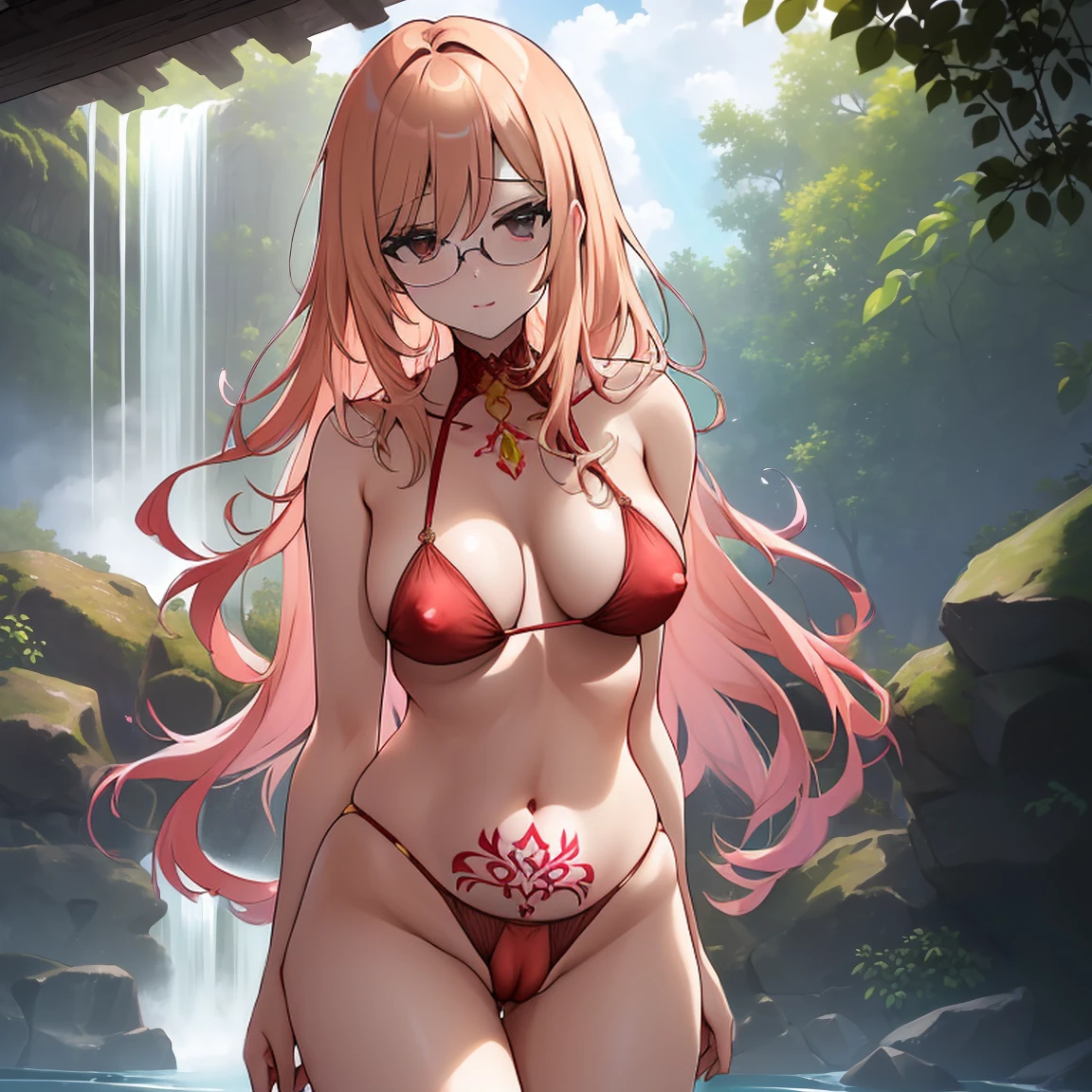 (masterpiece, best quality:1.2), cowboy shot, (solo), (1girl), glasses, long fluffy pink hair, hair blowing, gorgeous and tall body, wide hips, slight smile, (very sexy and semi-transparent black swinswit):1.3, navel exposed, belly, gorgeous natural breasts, (dark brown breasts niples under swimswit transparency), (wet body and swimswit), pink swimswit, (tattoed body), very sexy pose, in a waterfall at a tranquil forest.