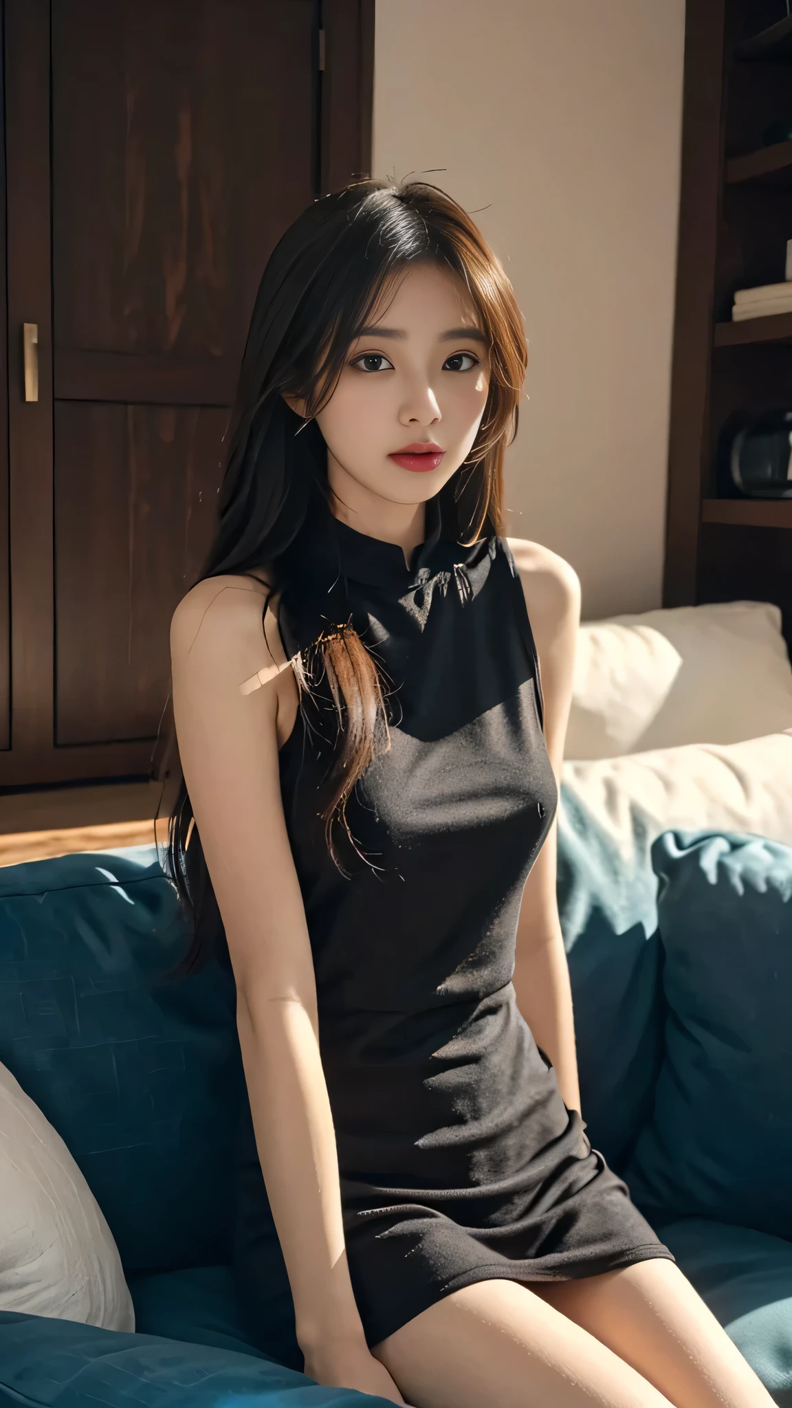 1girl in,Sitting on a cozy sofa,cross one's legs,Soft light,Chinese beauty, dark green dress,A dark-haired,length hair