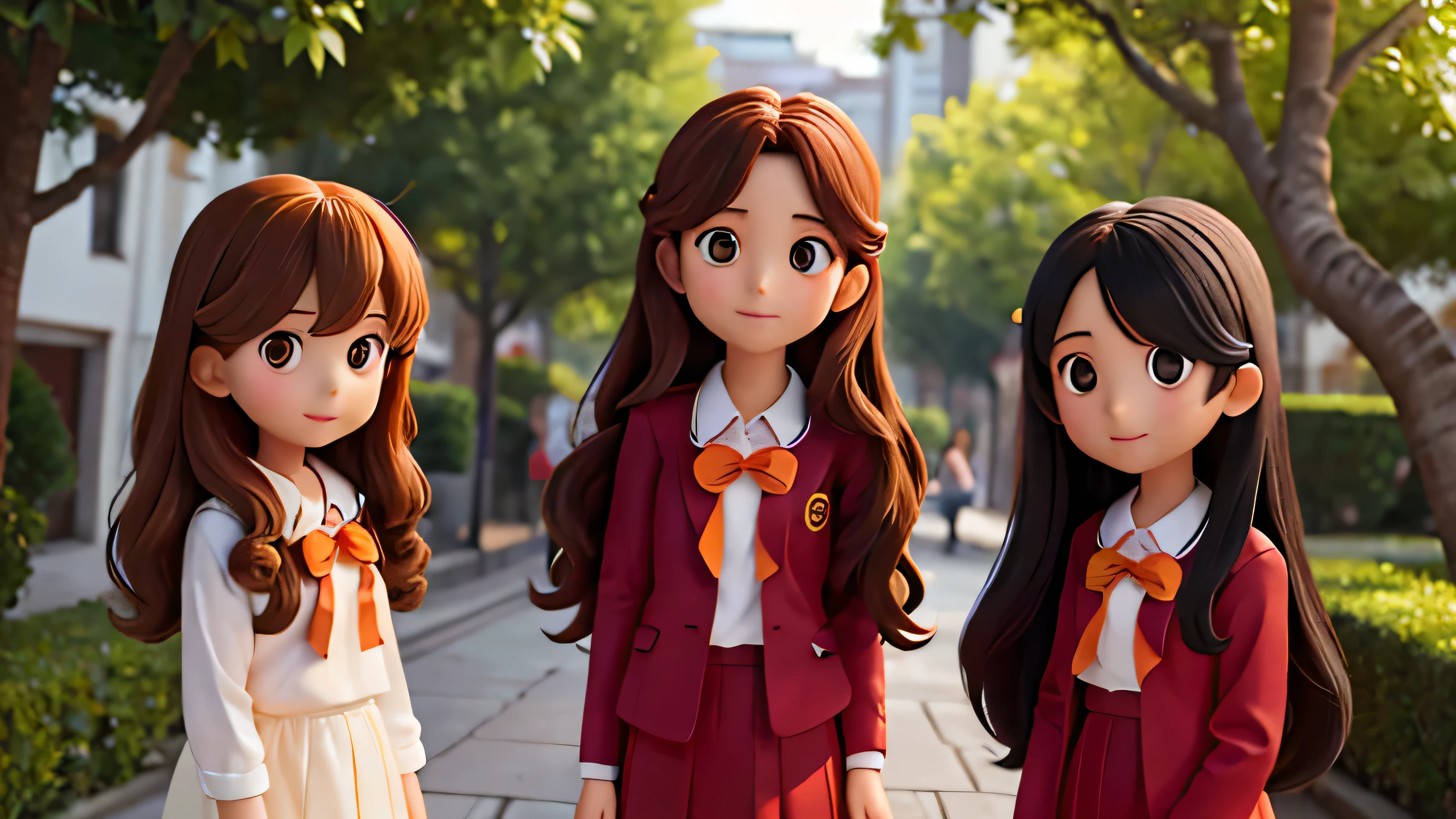 three girls with curly long hair style with clamming the tree to kae mango ( good hands, face and body )