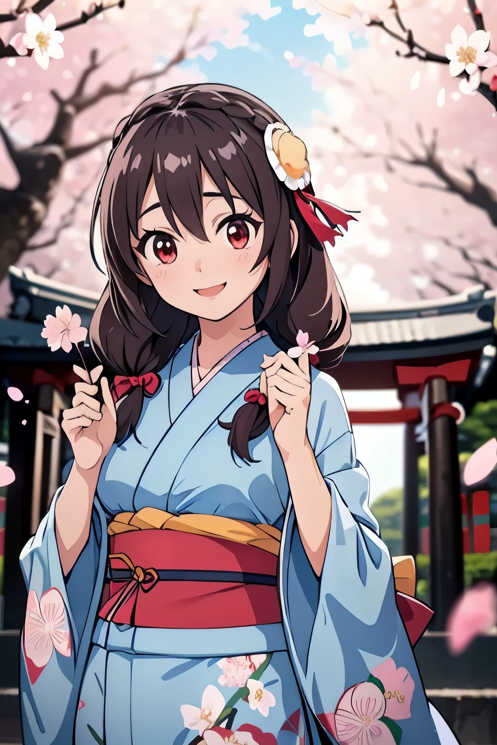 (masterpiece, highest quality), One girl,    Yunyun,Long Hair,Braiding,Twin tails,Hair between the eyes,Hair Ribbon,hair ornaments,Big Breasts,(Light blue kimono with Japanese cherry blossom pattern:1.2),Red Eyes、The best smile、Sparklers in the hands