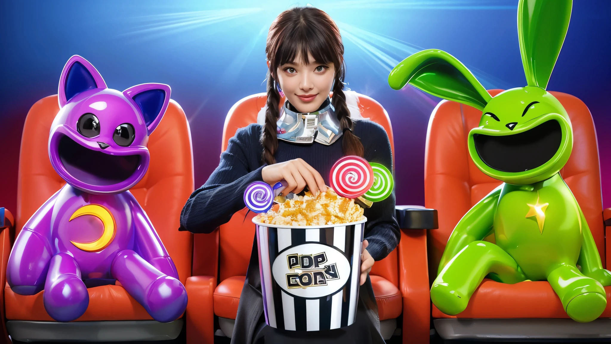 3d style, simplified design, 3d render, glossy texture, smooth 3d model, multiple light sources, rim light, sharp post effects render, (glossy plastic texture with multiple big light probe refractions), perfect cgi, smooth silhouette, high intensity refraction, (super glossy material), most beautiful vfx , blue background, plastic refractions, realistic, 4k, high resolution, rim light, photo shoot, commercial photo, profile shot, 4k, rim light, high resolution, 4k, glossy texture, smooth 3d model, multiple light sources, rim light, sharp post effects render, (glossy metallic texture with multiple big light probe refractions), perfect cgi, cgi art created only with gradients, smooth silhouette, high intensity refraction, (super glossy chrome material), most beautiful vfx, blue background, chrome metal refractions, multiple light sources, rim light, sharp post effects render, perfect cgi, digital art, detailed digital art, reflective, best quality, 4k, masterpiece:1.2, ultra-detailed, realistic, vivid colors, dark and moody lighting, The image of the highest quality, ensuring every detail is showcased perfectly. It in 4k resolution, allowing viewers to immerse themselves in the richness of the colors and intricate details. The realistic rendering. under the spotlight, reflecting, high-resolution image, realistic rendering, dark background, and rim light photorealistic The image features three characters standing in front of three houses. The characters are a red-haired mermaid, a purple cat, and an orange dog. They are each holding a yellow maraca