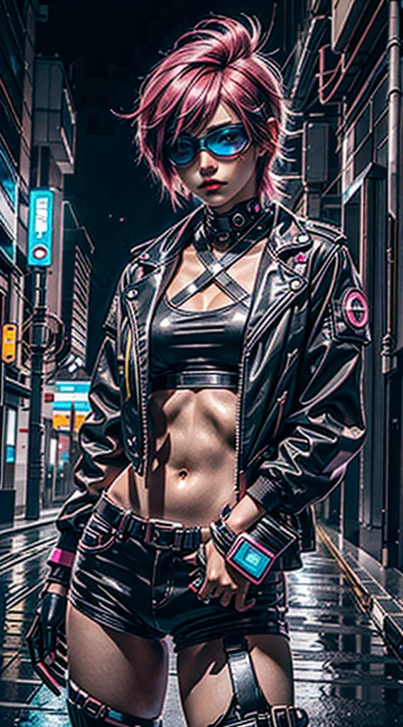 masterpiece,best quality,ultra-detailed,8k,high resolution,cyber punk, Pink neon, One girl, Fairy, Neon hair, Neon eyes, Very short hairstyle, Black leather jacket,sniper rifle, Food Up, secretly, mask,goggles,Developed abdominal muscles