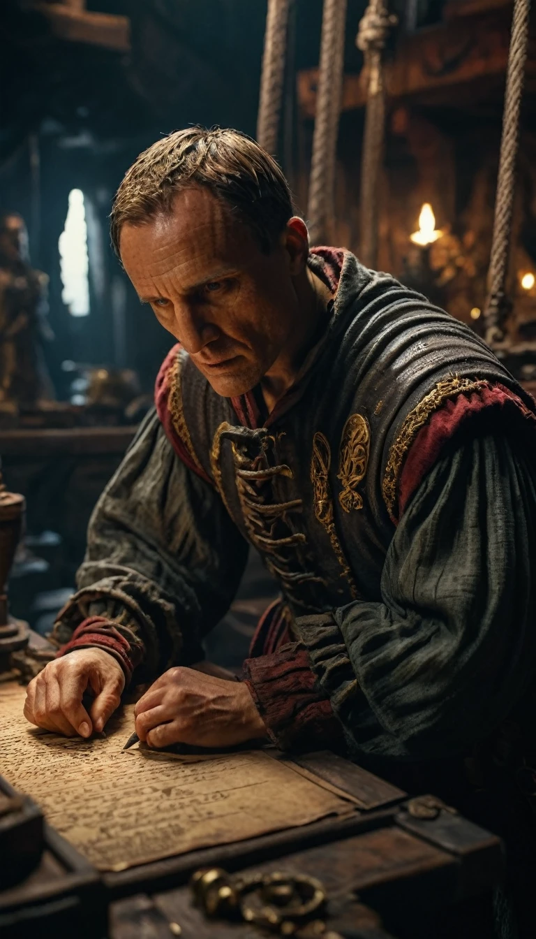 Cinematic style, Julius Caesar writing poetry on a pirate ship, background dark, hyper realistic, ultra detailed hyper realistic, photorealistic, Studio Lighting, reflections, dynamic pose, Cinematic, Color Grading, Photography, Shot on 50mm lens, Ultra-Wide Angle, Depth of Field, hyper-detailed, beautifully color, 8k