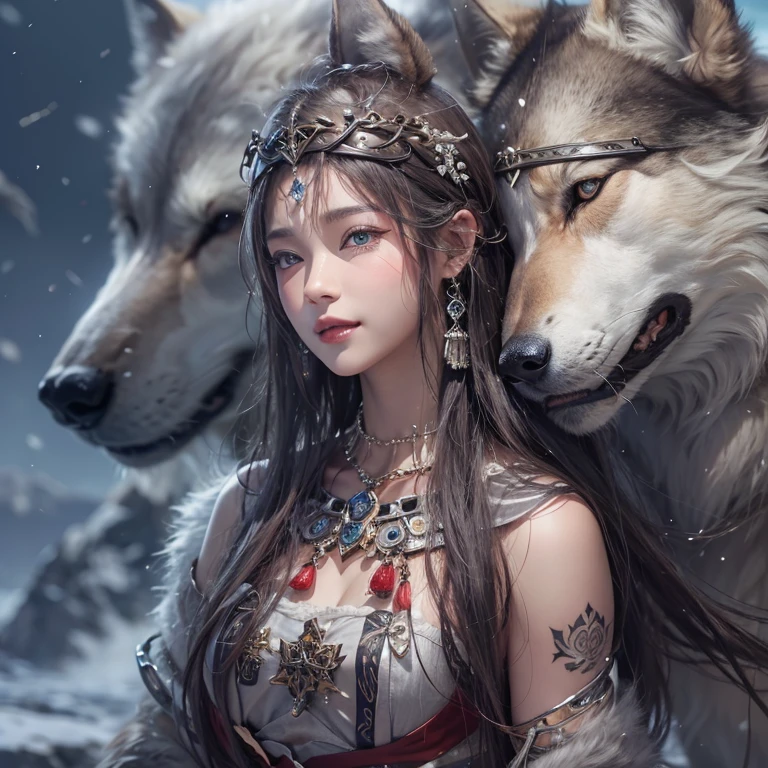 Lakeside surrounded by snowy mountains、Hair flow、 ((highest quality、masterpiece、8k、Best image quality、Ultra-high resolution、Award-winning works)、(Accurate anatomy:1.1)、(Look at me and smile:1.1)、Shining fair skin with Ultra-high resolution、The most detailed face、Ultra-high resolution detailed face、Ultra-high resolutionの髪の毛、(Ultra-high resolutionの煌めく瞳:1.1)、Beautiful face drawn in every detail、Ancient Viking clothing, Chest to chest, tattoo, A real wolf is by your side