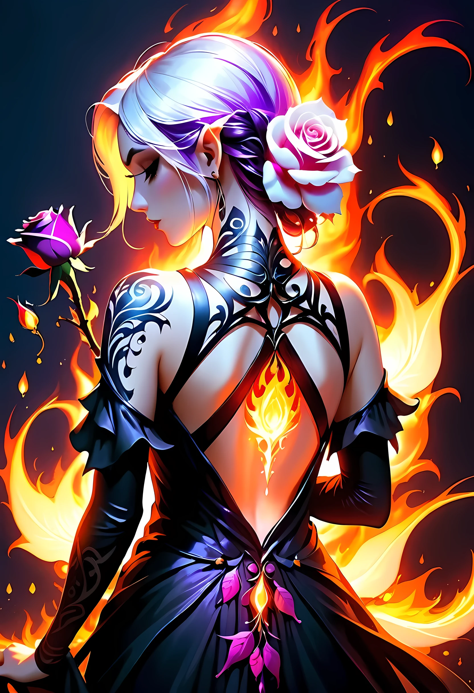 Arafed, Dark fantasy art, fantasy art, goth art, a picture of a tattoo on the back of a female elf, a glowing tattoo of a ((white rose: 1.3)) on the elf's back, the ((rose tattoo)) is vivid, intricate detailed coming to life from the ink to real life, GlowingRunesAI_purple, ((fire surrounds the rose petals: 1.5)), shot taken from the back, ((the back is visible: 1.3), she wears a transparent  black dress, the dress is elegant, flowing, elven style, that the (tattoos glow: 1.1), dynamic hair color, dynamic hair style, faize, 