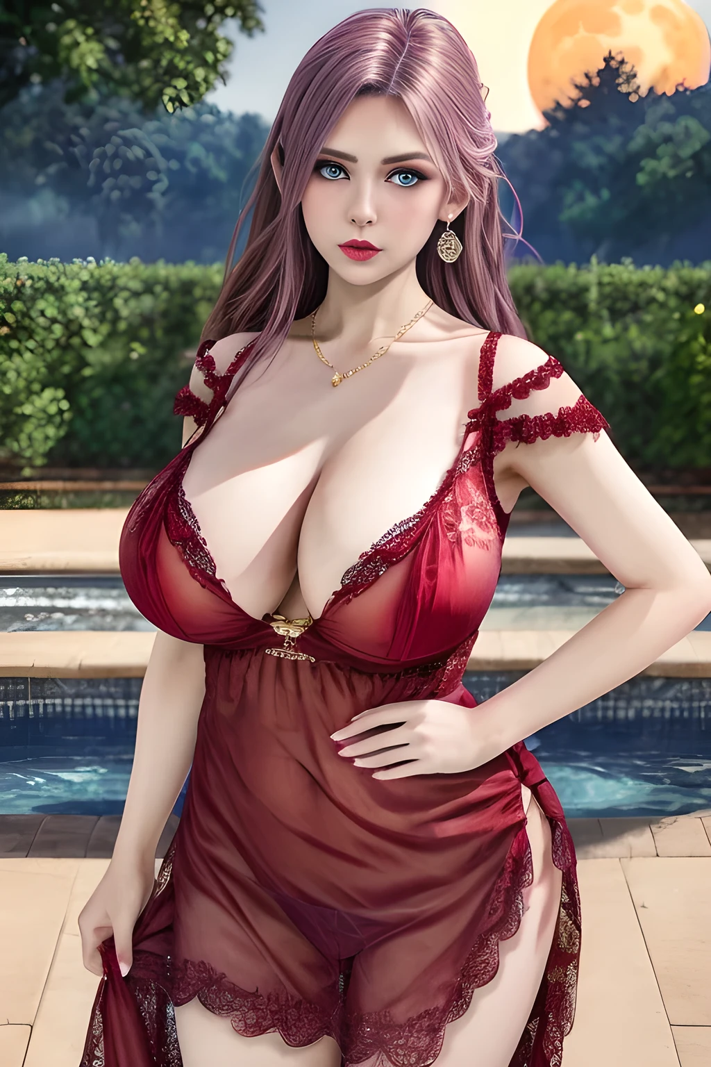 1girl,wore a red dress with delicate lace embellishments ,garden,moon,(huge breasts),lactating,(lip gloss),(masterpiece), best quality, (real life portrait photography:1.5),unltra detailed,8K,Shot with a professional-grade camera like the Nikon D850,every intricate detail is captured, from the subtlest expression to the glimmer of anticipation in her eyes,Focus on thighs and above,solo,  elise,