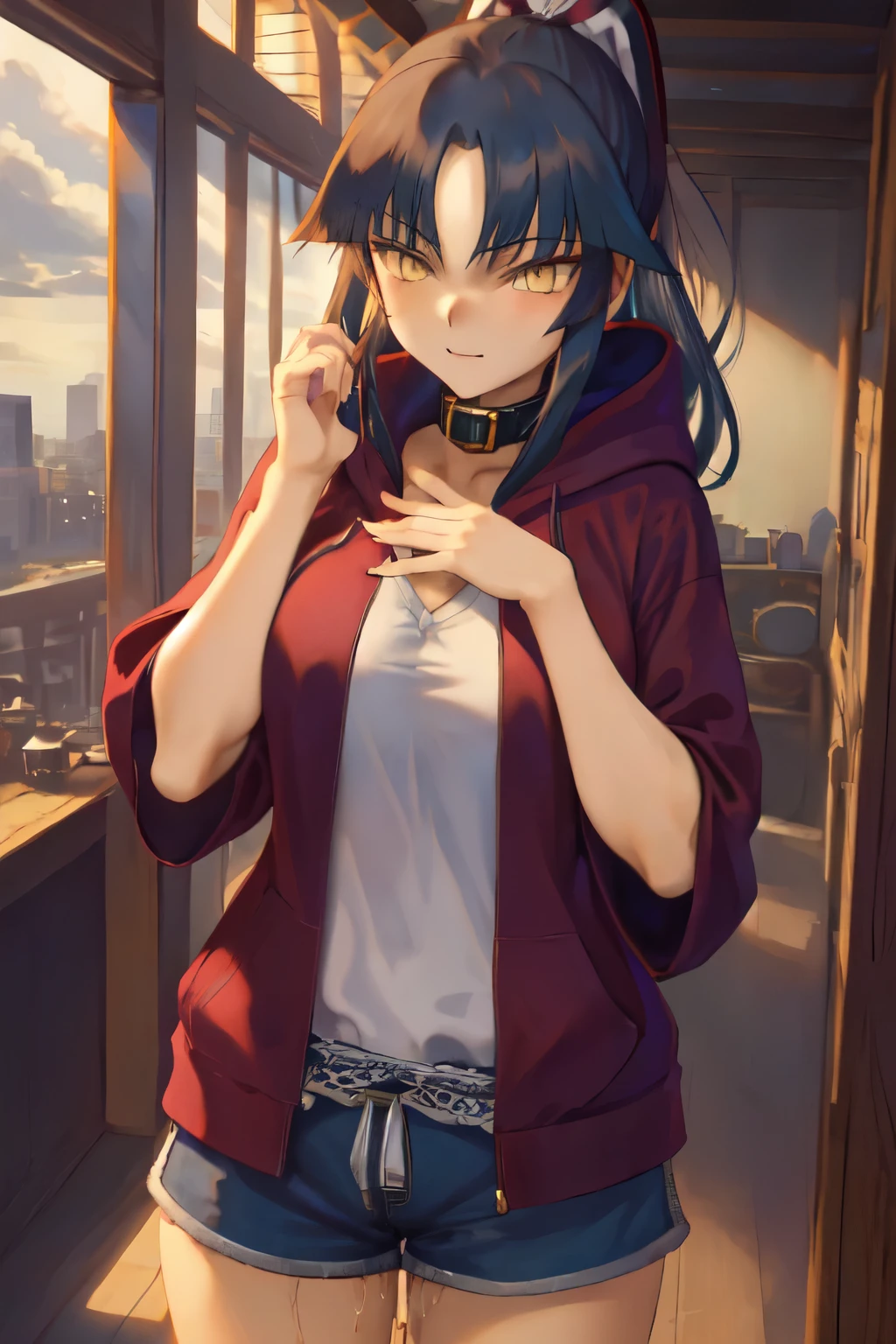 masterpiece, highest quality, (One girl, Braiding, Large Breasts,Blue hoodie, Are standing, View Audience,Dolphin Shorts,),Detailed Background、A person who writes in detail、Accurate human body、Knowledgeable person、Five correct answers、Mature Woman,danzou katou,, black hair, long hair, ponytail, (yellow eyes:1.5)
,((Pussy juice)),((Slave Collar))