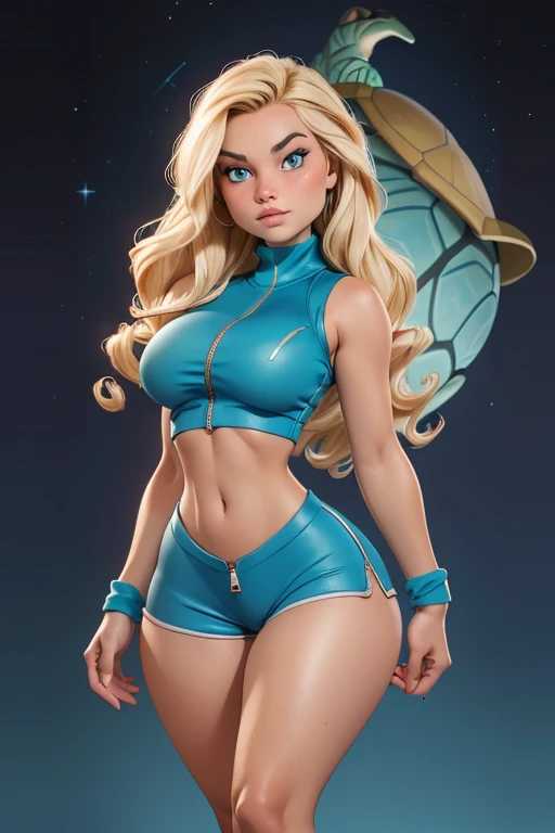 (masterpiece), best quality, expressive eyes, perfect face, (alien spaceship background), (standing next to alien spaceship), (serious look), (closeup view), (1girl, age 18+, Margot Robbie, fair skin, blonde hair, long hair, wavy hairstyle, blue eyes, hourglass figure, thin body, skinny body, large breasts, huge breasts, oppai, wide hips, thick thighs), (aqua_blue zip-up turtle-neck shirt, croptop, sleeveless, aqua_blue shorts, cameltoe, aqua_blue wristbands),
