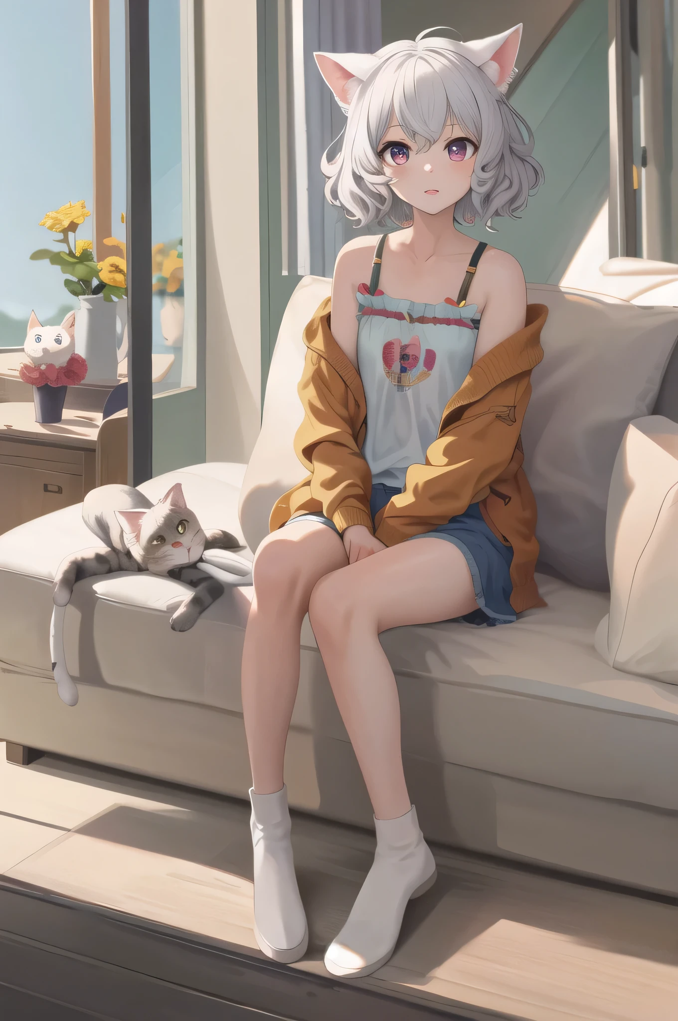 masterpiece, highest quality, High resolution, Neferpitou 1, Cat ear, (Cat's Tail:0.6), alone, short hair, Red eyes, Long sleeve, Hair between the eyes, :3, Curly Hair, Striped, Cat girl, button, Striped shorts, town, Leaning forward, Hands on hips,
