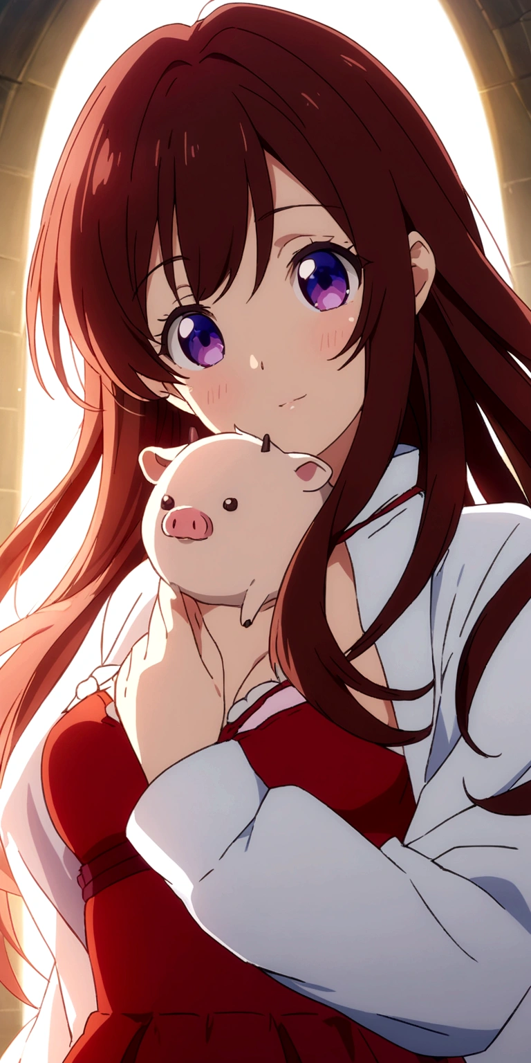 Anime Girl in red dress with a white pig, Wear clothes, 穿着漂亮裙子的可爱Anime Girl, beautiful Anime Girl, pretty Anime Girl, attractive Anime Girl, cute Anime Girl, Beautiful anime woman, Tonosaka Rin, (Anime Girl), portrait Anime Girl, Anime cute art style, Anime Wallpaper, Anime Girl with long hair, hd Anime Wallpaper