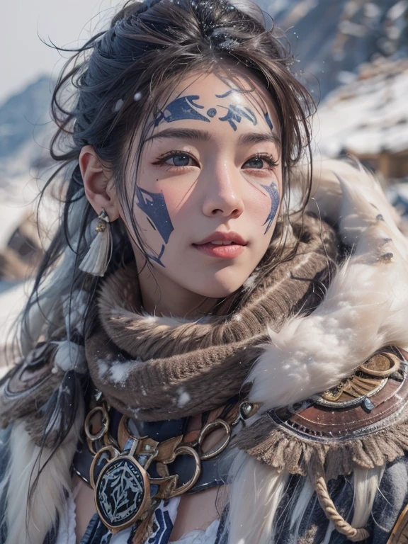 Hiding in the snowy mountains、Hair flow、 ((highest quality、masterpiece、8k、Best image quality、Ultra-high resolution、Award-winning works)、(Accurate anatomy:1.1)、(Look at me and smile:1.1)、Shining fair skin with Ultra-high resolution、The most detailed face、Ultra-high resolution detailed face、Ultra-high resolutionの髪の毛、(Ultra-high resolutionの煌めく瞳:1.1)、Beautiful face drawn in every detail、(Blurred Background:1.1)、Ancient Inuit clothing, Chest to chest, tattoo, Old ruins in the background、He's huge, A real hawk on your shoulder..