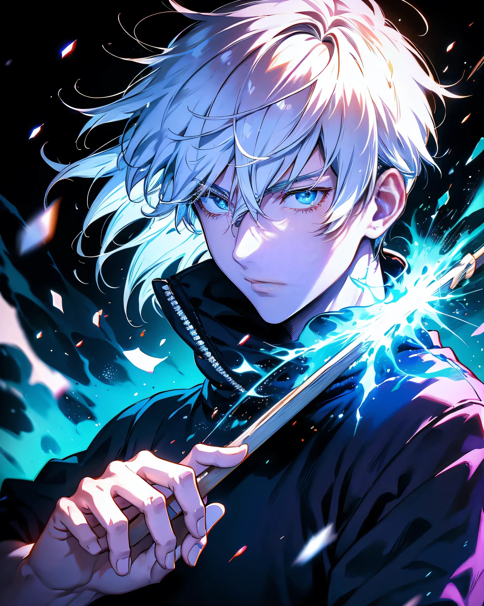 Adult, Cool Boy, gojo satoru, Jujutsu kaisen, (masterpiece:1.2、highest quality), (Exquisite eyes: 1.2), (Detailed Background、Dark fantasy), (handsome detailed face), High Contrast, (Best lighting、Very delicate and cool), ((Cinema Lighting) )), colorful, Hyper Detail, Dramatic Light, Intricate details, blue moon behind (35 years old, 1 boy, solo, white short hair, white hair, Sharp Face, blue eyes, white hair between the blue eyes, messy hair, Dynamic Angle), (Blood splatter:1.4), Black light swirling around the character, Depth of written boundary, blue light particles, Nightcore, black magician, Spectacular anime style, zerochan art, Anime Wallpaper, Burning, High quality anime art style, Key Anime Art