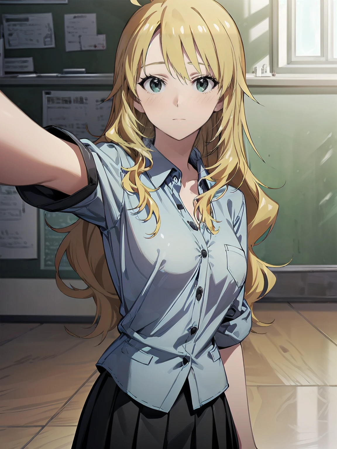 (super fine illustration,8K CG wallpaper,best quality,extremely detailed,ultra high res,best aesthetic),(cowboy shot),(teenage,beautiful girl,cute girl),(detailed beautiful face,beautiful black eyes,beautiful blond hair),(blush),(saggy breast,medium areola),(expose breast,breast out),((selfie)),(school uniform),(classroom)