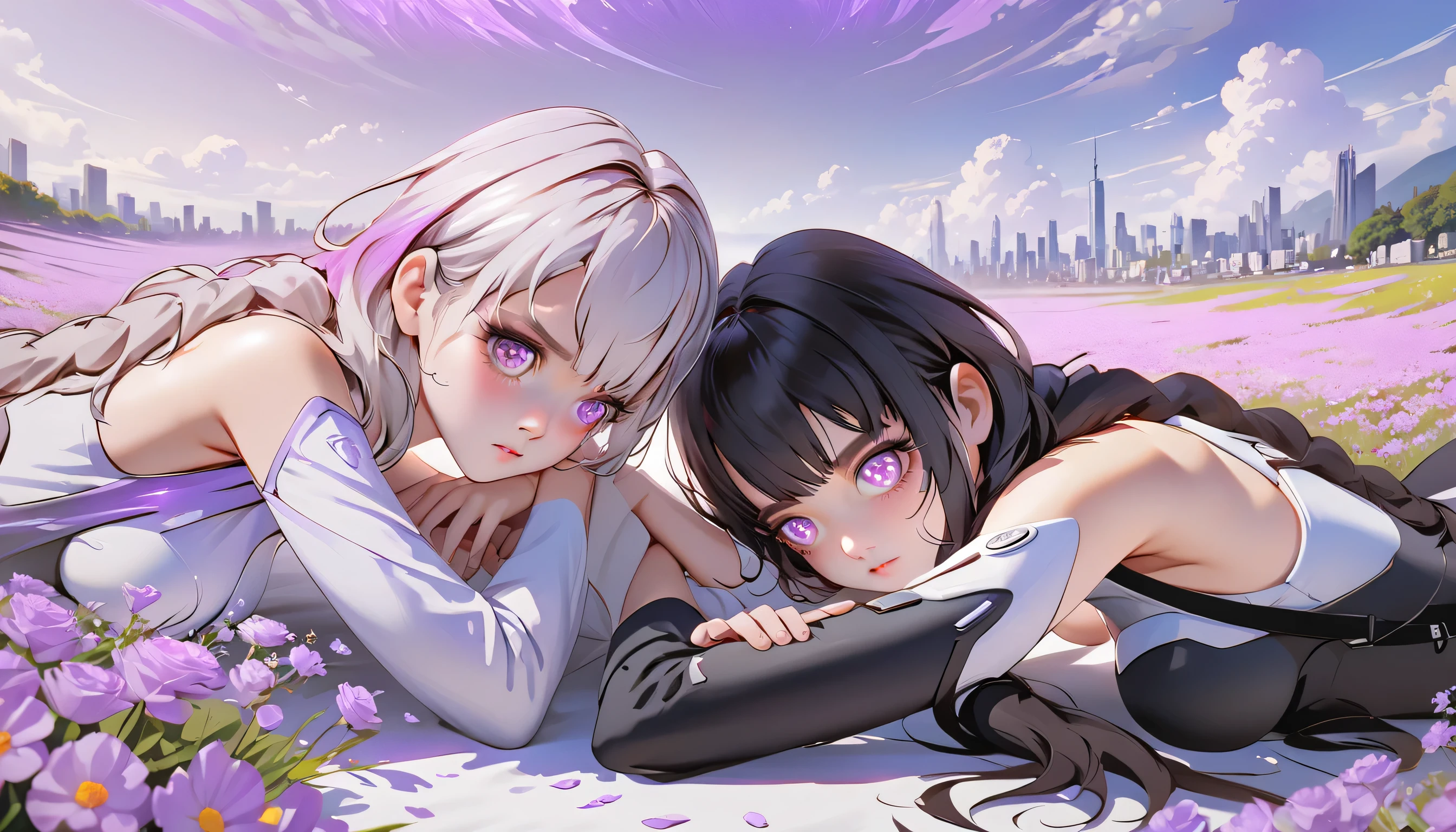 Two girls lying on a meadow full of flowers,Supine，Head in opposite direction， (Very detailed CG unified 16k wallpaper:1.1), (Denoising Strength: 1.45), Beautiful and delicate eyes, cryptic_g,Coverage, Dark purple with white hair, Fluorescent violet, rose red eyes, Another girl with short black hair，White T-shirt，Background is the city，Perspective Effect，Very detailed, Lots of details, HD semi-realistic anime CG concept art digital, illustration, (masterpiece:1.37), masterpiece, best quality，poster