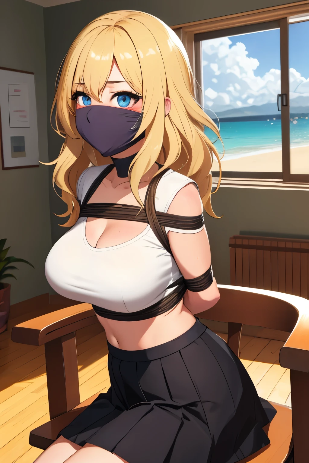 1 girl, detailed blue eyes, lange wimpern, detailed beautiful face, Side parts,a Bit curly hair, (very Long blonde hair:1.4), festgebunden, (arms behind back:1.6), gefesselte Arme, (blushing:1.3), (Big boobs:1.1), OTN, White OTN gag, Gag, gagged, shibari over clothes, (black skirt, White top:1.4), sitting in a bedroom in a comfy chair, big window with a beach in the Background, tied gag, nah aufnahmen