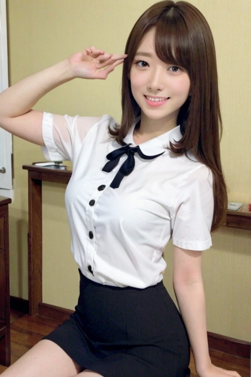 Gravure idol pose　Hotel　uniform　White clothes　high resolution　Not too small bust　Black Mini Skirt　Skirts should be shortened