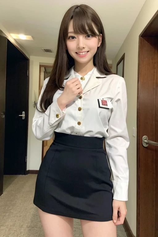 Gravure idol pose Hotel uniform White clothes high resolution Not too small bust Black Mini Skirt Skirts should be shortened