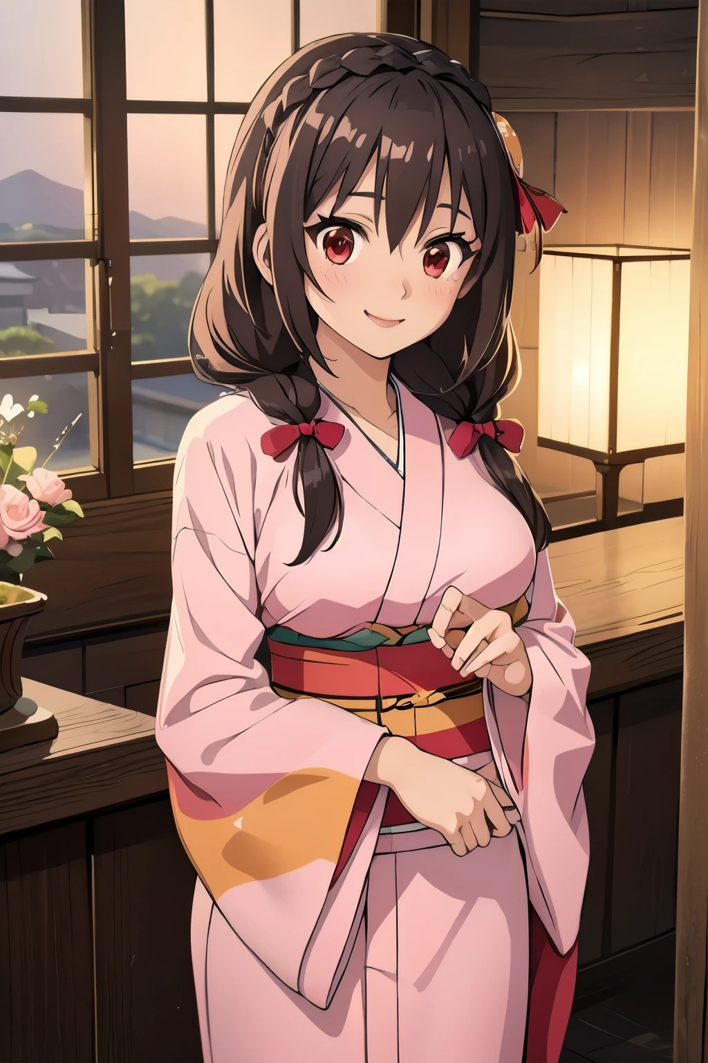 (masterpiece, highest quality), One girl,    Yunyun,Long Hair,Braiding,Twin tails,Hair between the eyes,Hair Ribbon,hair ornaments,Big Breasts,(Japan pink kimono:1.2),Red Eyes、The best smile、Sparklers in the hands