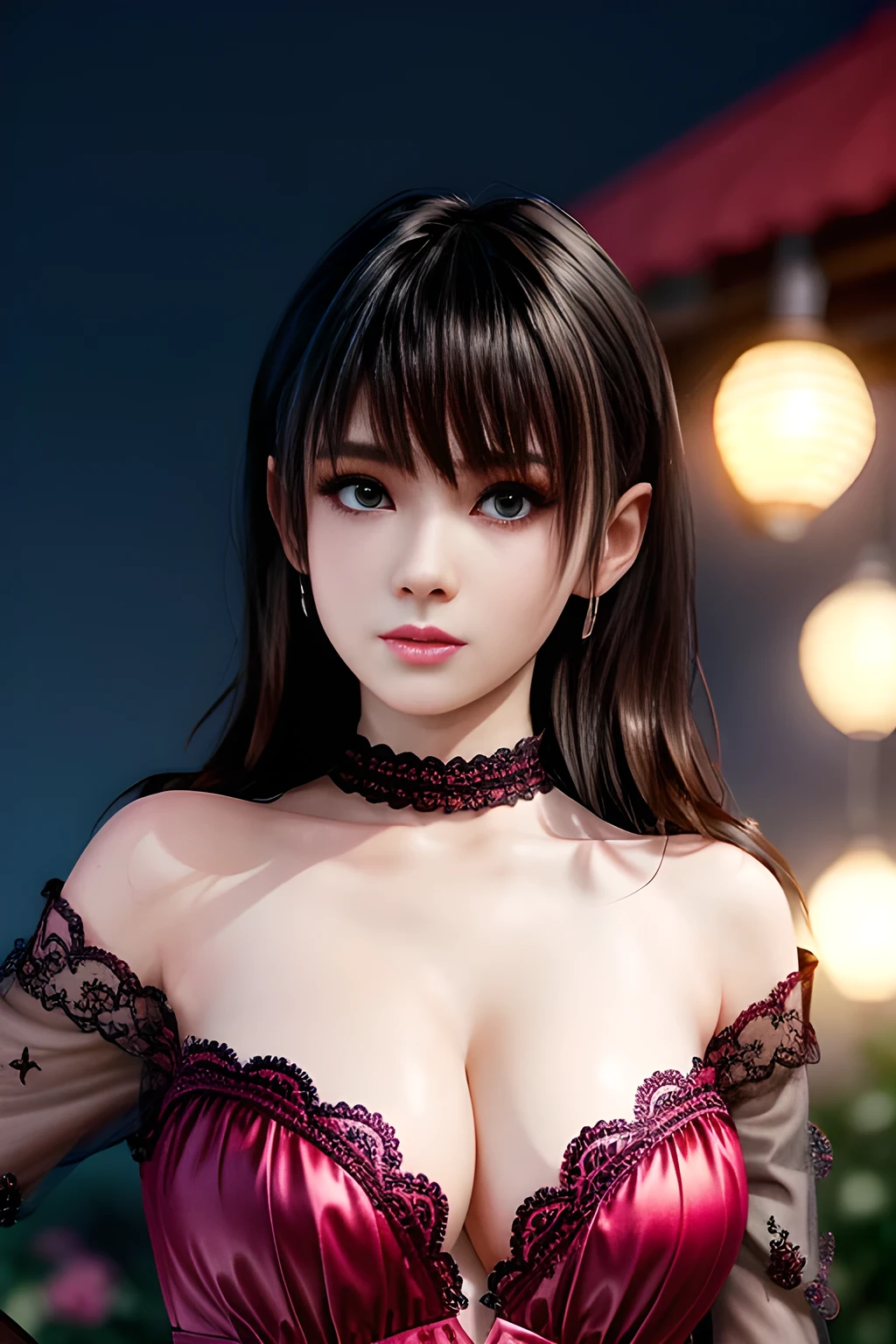 1girl,Character wearing a red gown with a structured bodice, sweetheart neckline and delicate lace detailing on the two-third length sleeves,Hair glowing purple and pink with a starry sky in the background,(huge breasts),lactating,(lip gloss),(masterpiece), best quality, (real life portrait photography:1.5),unltra detailed,8K,Shot with a professional-grade camera like the Nikon D850,every intricate detail is captured, from the subtlest expression to the glimmer of anticipation in her eyes,Focus on thighs and above,,nanami