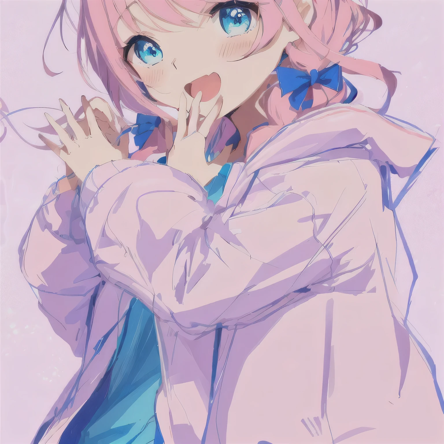 Anime girl in pink jacket and blue jacket, With index finger, Line art!!, , Anime Moe Art Style, holding a pudica Pause, , ;Open your mouth, by Naka Bokunen, hands behind her body Pause!, Pause(Raise the hand + Happy), Sketchy art style