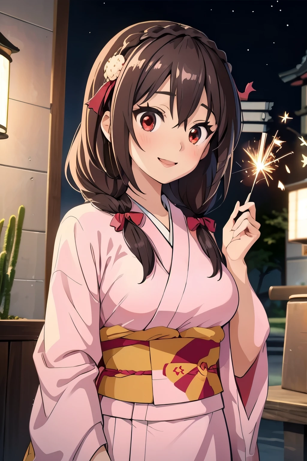 (masterpiece, highest quality), One girl,    Yunyun,Long Hair,Braiding,Twin tails,Hair between the eyes,Hair Ribbon,hair ornaments,Big Breasts,(Japan pink kimono:1.2),Red Eyes、The best smile、Sparklers in the hands