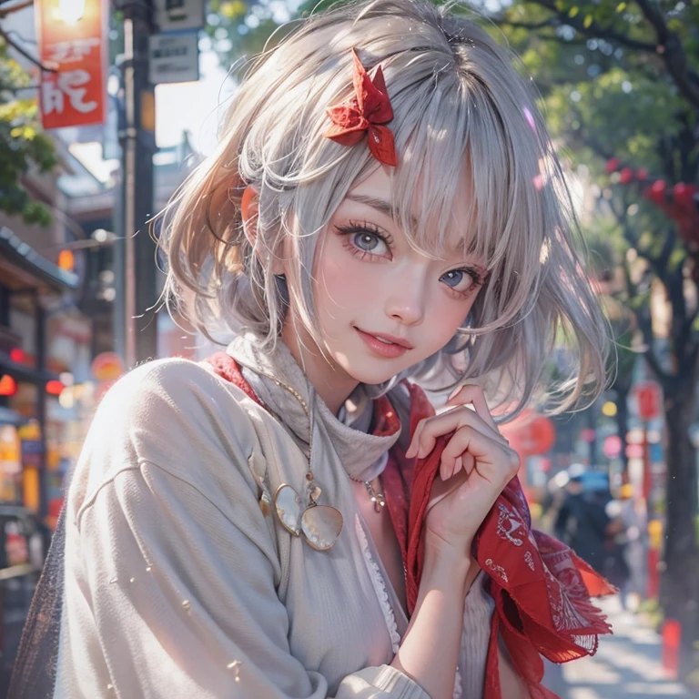 (masterpiece:1.3), (8k, Realistic, RAW Photos, Best image quality: 1.4), Fair-skinned fairy woman、short hair、Cleavage:2.0、Highly detailed face、Attention to detail、double eyelid、Sharp focus:1.2、Beautiful woman:1.4、Silvery white hair、highest quality、masterpiece、Ultra-high resolution、(Realistic:1.4)、Highly detailed and professionally lit smiles、Loose, Light, Wear Japan high school uniform:1.5、Red scarf、 one person、whole body,Cycling through Japanese cities、