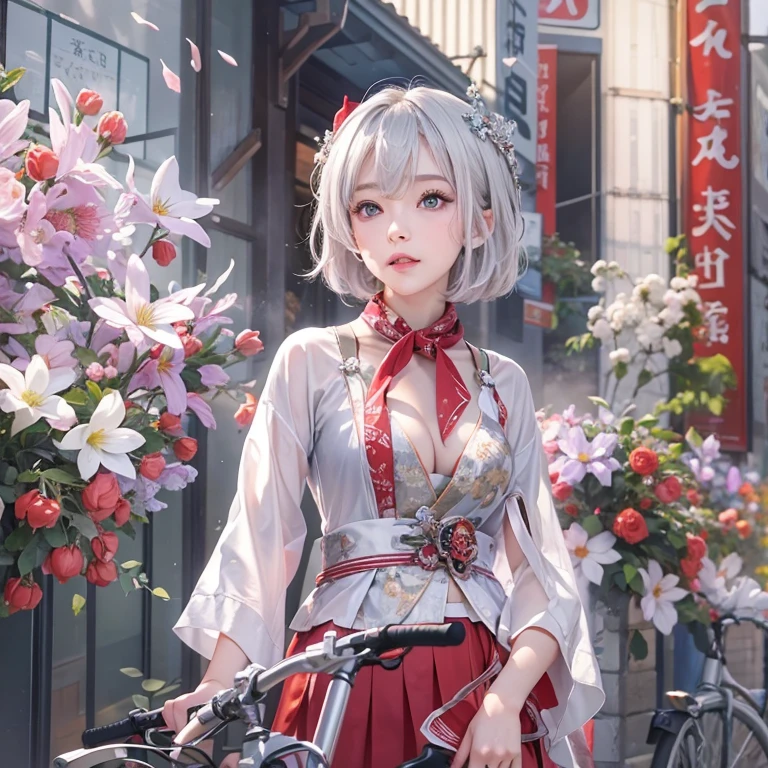 (masterpiece:1.3), (8k, Realistic, RAW Photos, Best image quality: 1.4), Fair-skinned fairy woman、short hair、Cleavage:2.0、Highly detailed face、Attention to detail、double eyelid、Sharp focus:1.2、Beautiful woman:1.4、Silvery white hair、highest quality、masterpiece、Ultra-high resolution、(Realistic:1.4)、Highly detailed and professionally lit smiles、Loose, Light, Wear Japan high school uniform:1.5、Red scarf、 one person、whole body,Cycling through Japanese cities、