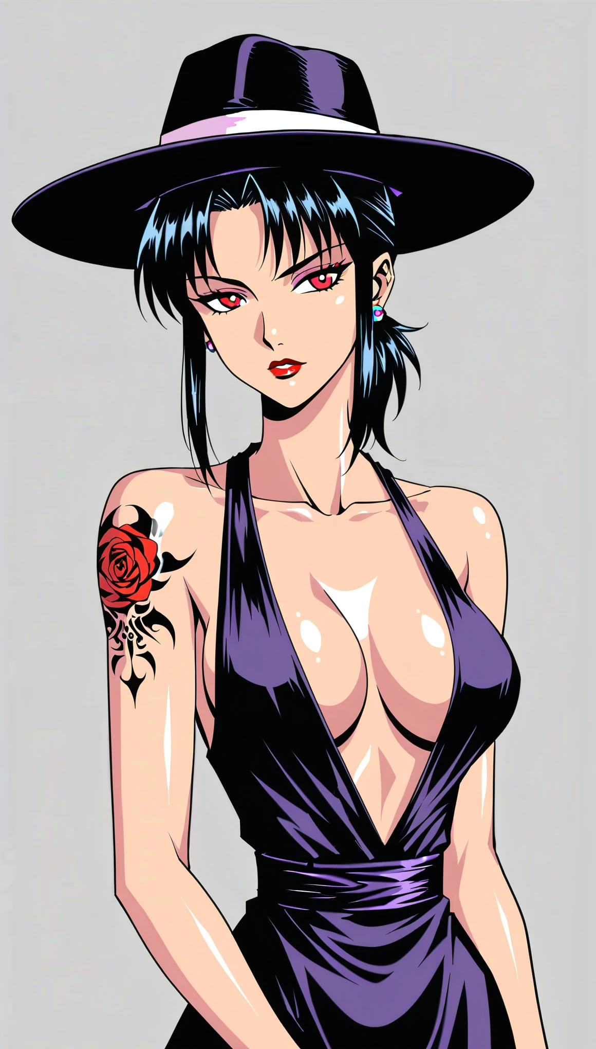 in style of Harry Bertoia, Girl with grim angry expression,Black Hair,Red Eye,Shot from behind,(yakuza Tattoo Show,detail tattoo:1.8),very detail,,Vintage,Bare back,Bare shoulders,curvy,poseing,1990s \(style\),(insanely detailed and intricate, hypermaximalist, elegant, ornate, hyper realistic, super detailed:1.1),Black sequined dress, Stylish hairstyle, Exquisite jewelry, Huge and unique hat, very detailed shading