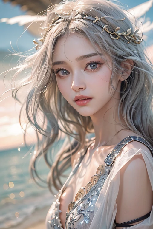 (masterpiece:1.3), (8k, Realistic, RAW Photos, Best image quality: 1.4), Fair-skinned fairy woman、Long Hair、Cleavage:2.0、Highly detailed face、Attention to detail、double eyelid、Chest to chest、Sharp focus:1.2、Beautiful woman:1.4、Silvery white hair、highest quality、masterpiece、超A high resolution、(Realistic:1.4)、Highly detailed and professionally lit smiles、Loose, Light, Ancient Greek clothing、Shoulders out、thin、Serious expression、Short-haired、Deadly position, Gorgeous Accessories, one person、whole body,Walking on the beach
