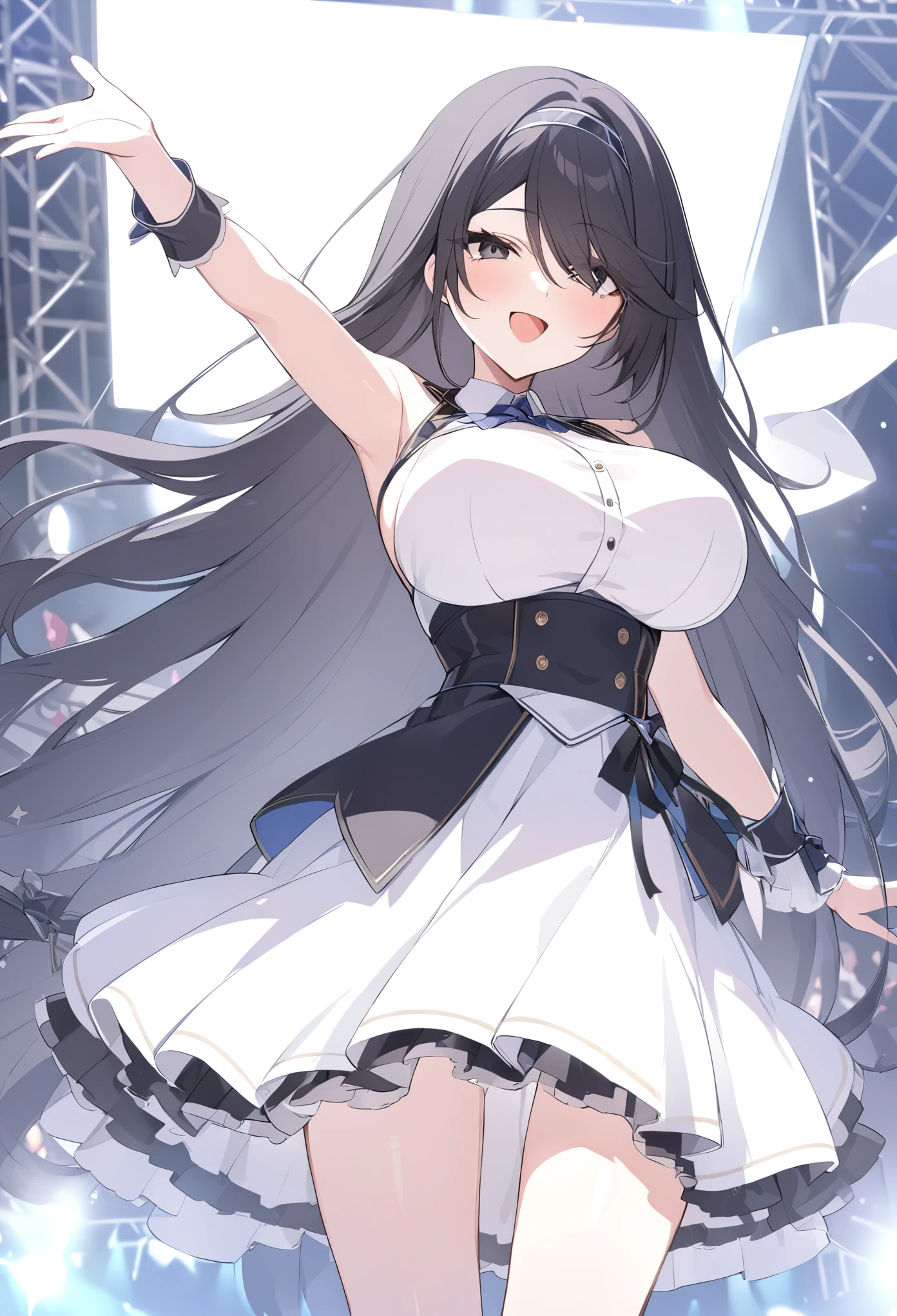 black eyes ,black hair, long hair, hairband,, large breasts,, Live Stage, solo,