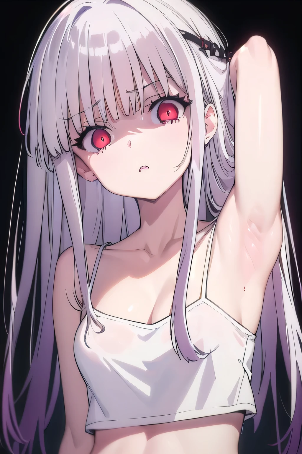 masterpiece, best quality, ultra-high-detailed, Disgusted face, white hair, red eyes, sigtuna julie , small breast, looking down to viewer, deep eyes,  glare eyes, bare shoulder, focus to armpit , black background, upper body ,  eyeshadow , Small breast, nude, naked, slim, navel, l  arms behind head, arms up, below shot