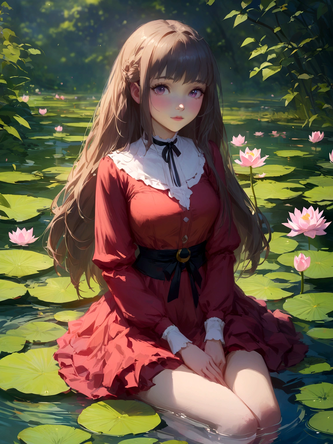 Anime girl in a red shirt sitting on a lotus pond, Beautiful anime girl, Anime style 4K, Beautiful anime girl, Cute anime girl, guweiz, Charming anime girl, Young anime girl, Popular on cgstation, anime long hair girl, Shinhaku Shiina, beautiful alluring anime teen girl, Attractive anime girl, guweiz on pixiv artstation