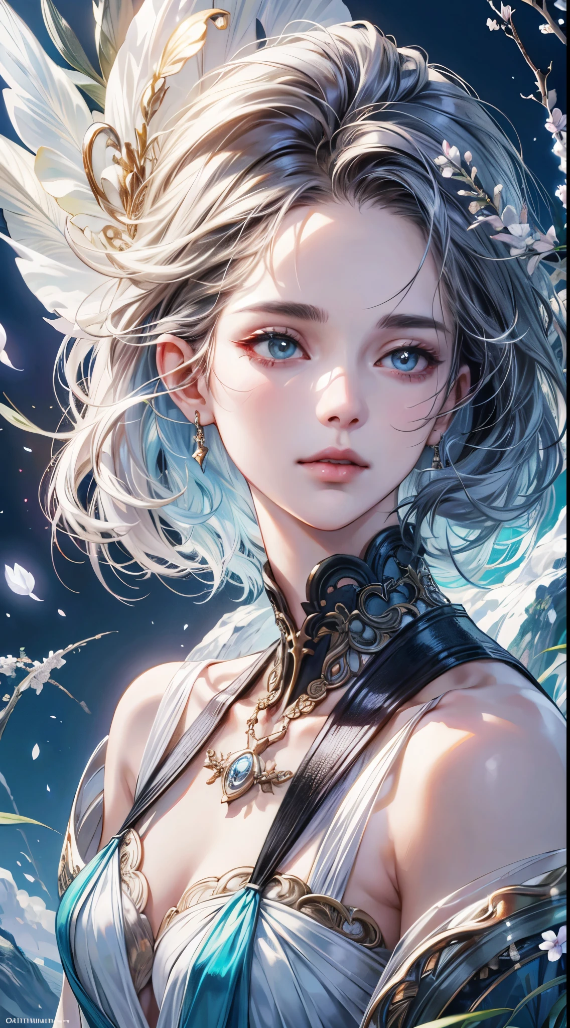 a detailed, beautiful, ethereal, exquisite portrait of a goddess, a lunar deity, with delicate, refined facial features, glowing skin, and a serene expression, surrounded by a lush, fragrant garden, (best quality, 4k, 8k, highres, masterpiece:1.2), ultra-detailed, (realistic, photorealistic, photo-realistic:1.37), HDR, UHD, studio lighting, ultra-fine painting, sharp focus, physically-based rendering, extreme detail description, professional, vivid colors, bokeh, digital art, concept art