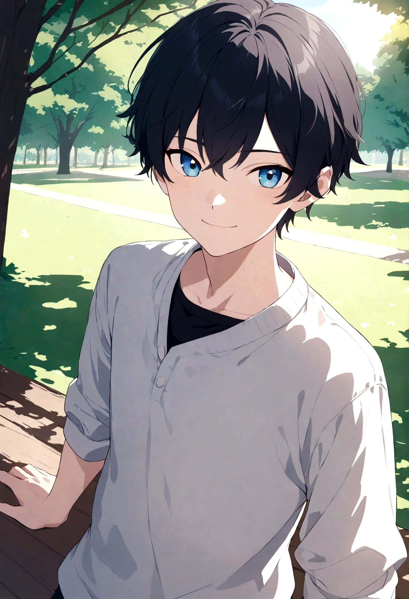 boy with black hair and blue eyes wearing a casual outfit in the park on a sunny afternoon smiling looking at viewer - handsome and hot and cool