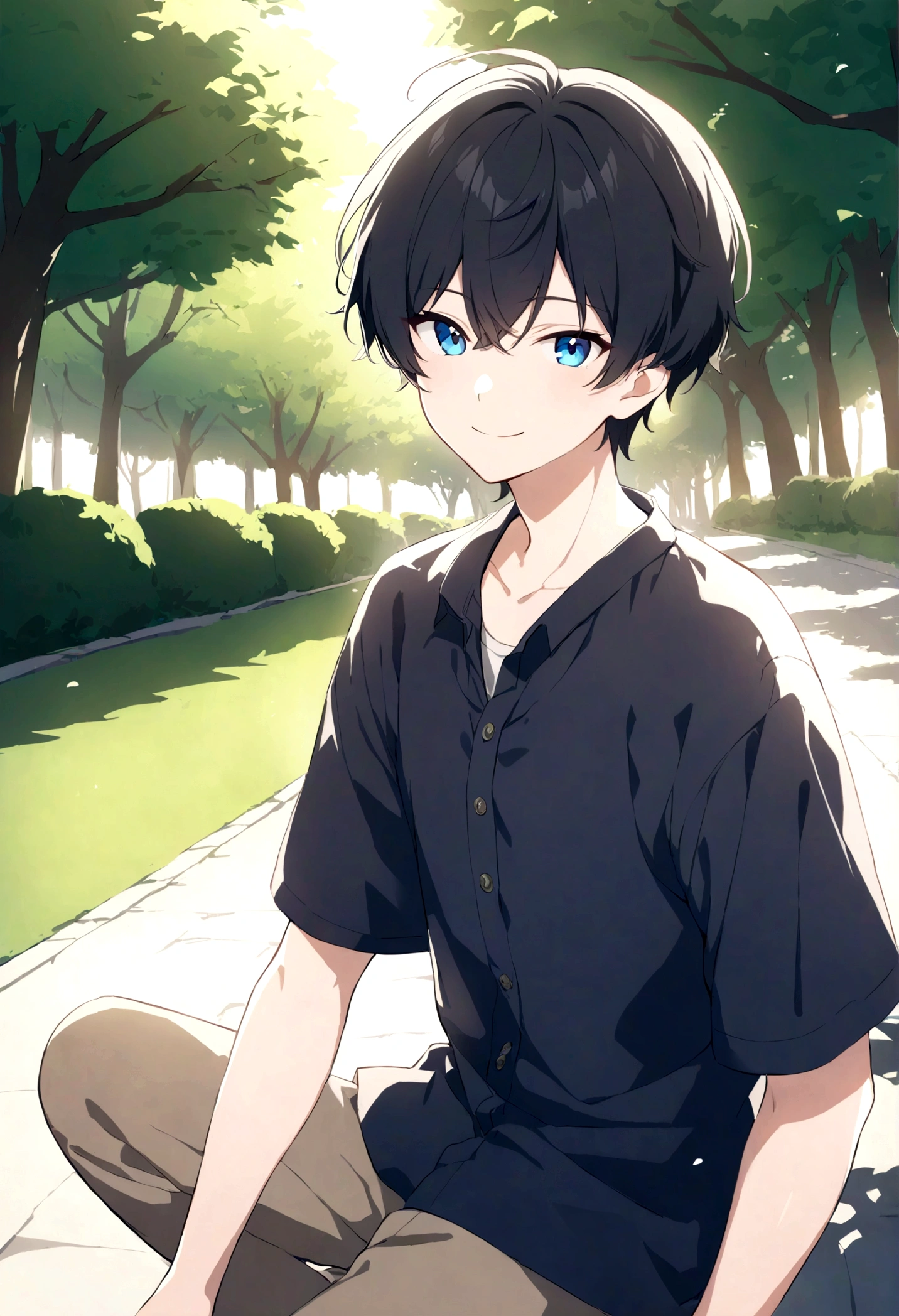 14 14 year old boy with black hair and blue eyes wearing a casual outfit in the park on a sunny afternoon smiling looking at viewer - handsome and hot and cool