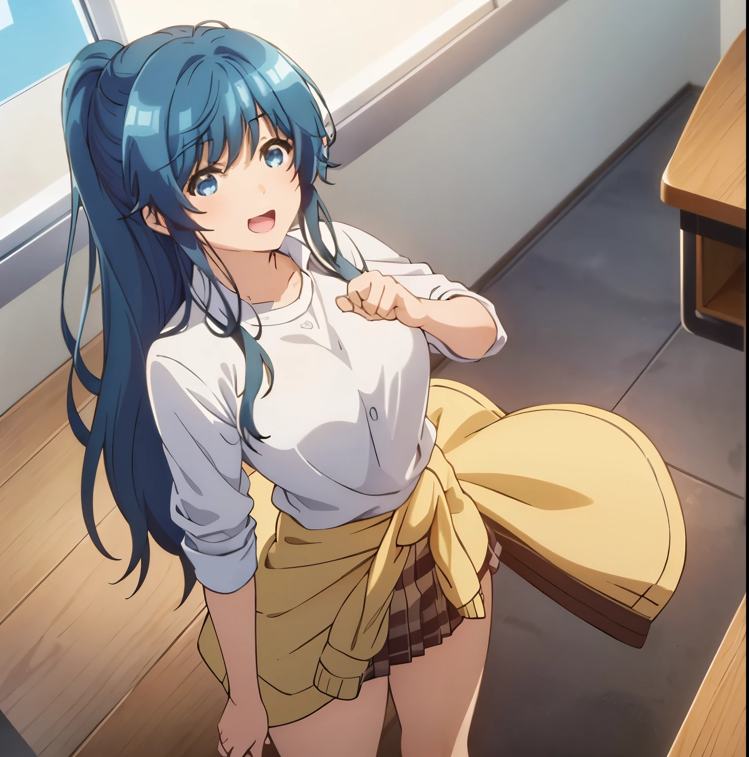 1girl,alone,minami,nanami,best quality,(masterpiece:1.2),detailed,open mouth,smile, blue hair, blue eyes, long hair, ponytail, white shirt, short sleeves,cleavage, pleated skirt, skirt short, yellow sweater around waist standing,standing, pointing at viewer, looking at viewer, head on, focus on breasts, pov(from above), indoor, classroom, sunset, medium breasts, medium waist, wide hips, medium thighs, round butt, perfect anatomy , perfect hands