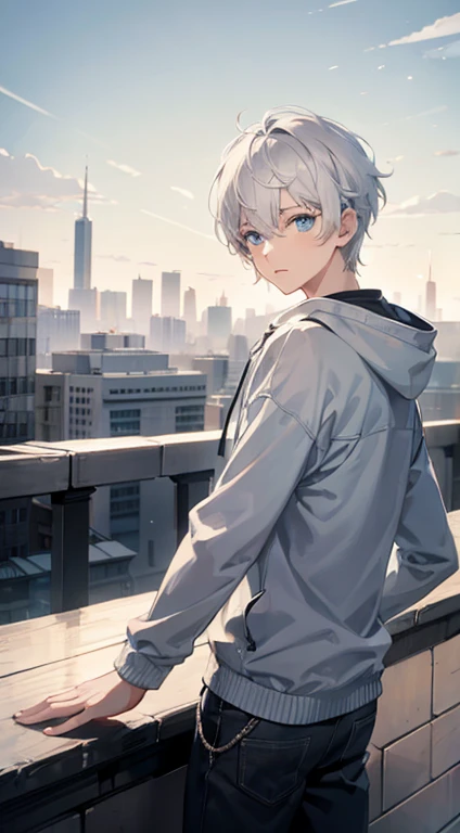 Young man with blue eyes, medium length blonde hair, Thin frame, Medium height. Wearing an oversized hoodie and track pants.