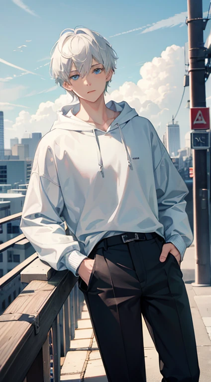 One boy, Short white hair, Sky blue eyes, Grey hoodie, Black trousers, city, High resolution, 8k, Utra Sharp, Tabletop, View Viewer