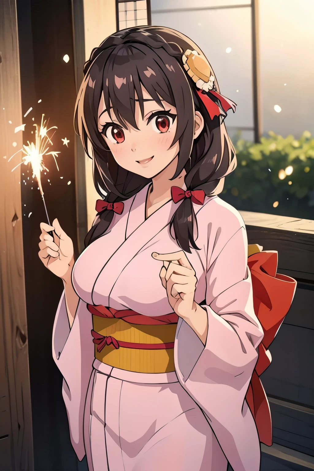 (masterpiece, highest quality), One girl,    Yunyun,Long Hair,Braiding,Twin tails,Hair between the eyes,Hair Ribbon,hair ornaments,Big Breasts,(Japan pink kimono:1.2),Red Eyes、The best smile、Sparklers in the hands