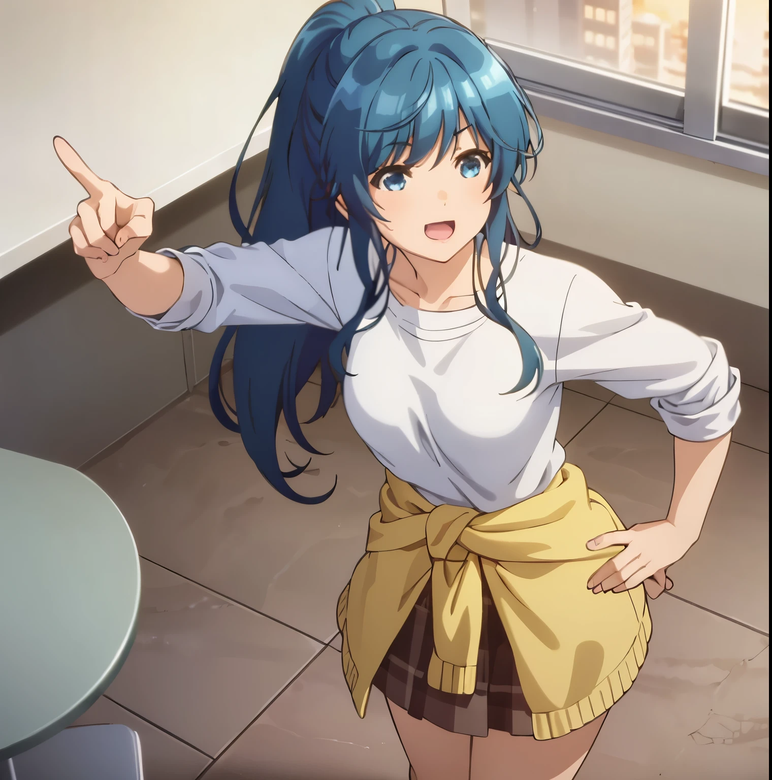 1girl,alone,minami,nanami,best quality,(masterpiece:1.2),detailed,open mouth,smile, blue hair, blue eyes, long hair, ponytail, white shirt, short sleeves,cleavage, pleated skirt, skirt short, yellow sweater around waist standing,standing, pointing at viewer, looking at viewer, head on, focus on breasts, pov(from above), indoor, classroom, sunset, medium breasts, medium waist, wide hips, medium thighs, round butt, perfect anatomy , perfect hands