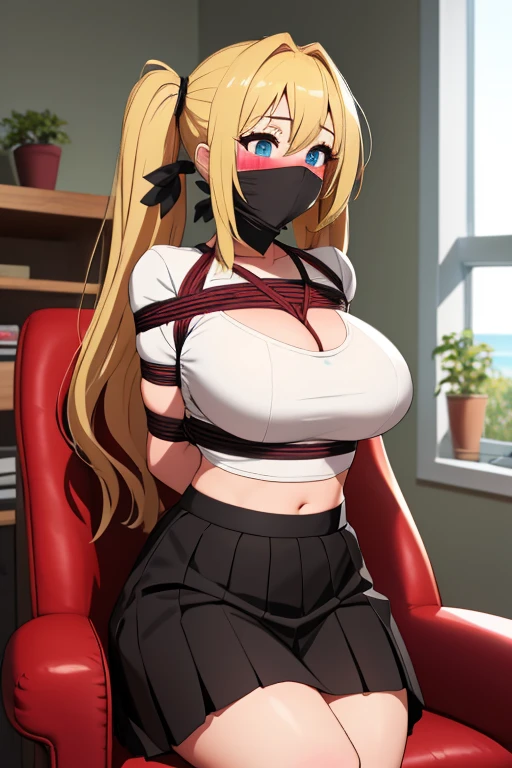 1 girl, detailed blue eyes, lange wimpern, detailed beautiful face, Side parts,a Bit curly hair, curly twintails, schwarze haargummis, (very Long blonde hair:1.4), festgebunden, (arms behind back:1.6), gefesselte Arme, (blushing:1.3), (Big boobs:1.1), OTN, White OTN gag, Gag, gagged, shibari over clothes, (black skirt, White top:1.4), sitting in a bedroom in a comfy chair, big window with a beach in the Background, tied gag, nah aufnahmen