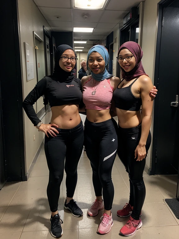 (3 girls:1.2), (full body photo), (THREE womens closely stood side by side), aby, age:60 (aby wide hips, black hijab, glasses, sports bra, long legging), anna, age:25, (anna wore black hijab, sports bra, long leggings), ashley, age:23, (ashley wore black hijab, sports bra, long leggings), standing side by side, seductive faces, parted lips
at a intimate private empty alley, suttounded by walls
high detail, depth of field, cinematic lighting, film grain, UHD, retina, masterpiece, ccurate, anatomically correct, textured skin, super detail, high details, high quality, award winning, best quality, highres, HD, 8k, 1080P