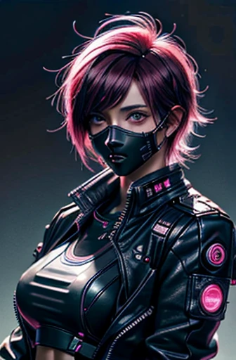 masterpiece,best quality,ultra-detailed,8k,high resolution,cyber punk, Pink neon, One girl, Fairy, Neon hair, Neon eyes, Very short hairstyle, Black leather jacket,sniper rifle, Food Up, secretly, mask,goggles,Developed abdominal muscles
