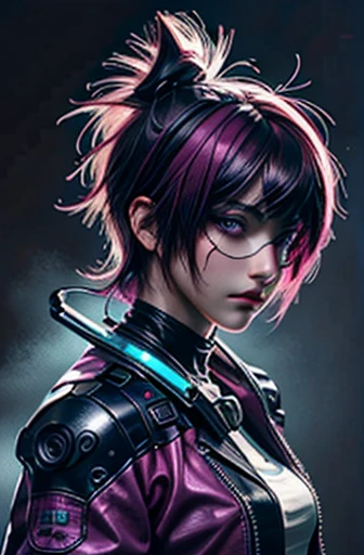 masterpiece,best quality,ultra-detailed,8k,high resolution,cyber punk, Pink neon, One girl, Fairy, Neon hair, Neon eyes, Very short hairstyle, Black leather jacket,sniper rifle, Food Up, secretly, mask,goggles,Developed abdominal muscles