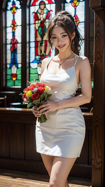  highest quality, Realistic, Very detailed, finely, High resolution, 8k wallpaper, Beautiful woman,, Brown hair short ponytail, (Red and white shot－Todres), Perfect dynamic composition, finelyて美しい目, Ample breasts, Realistic , smile,  Model Body Type、Earrings,garnet necklace,tiara,(Holding a bouquet）,Beautiful legs,(Church with beautiful stained glass),Full Body Shot:1.3,Smile and laugh,