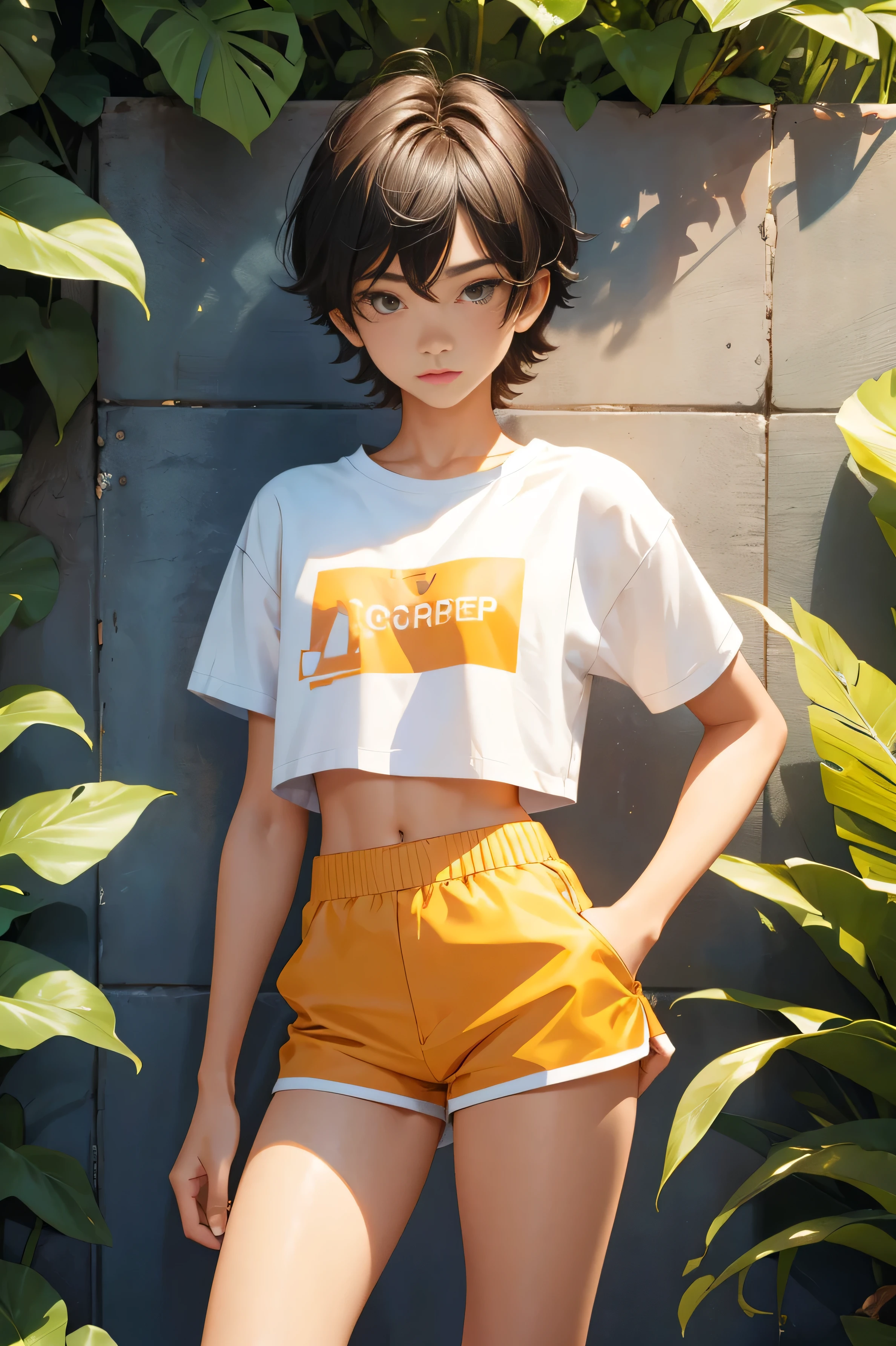 Teen boy 14 years old, boy wears a crop top and too very short shorts,