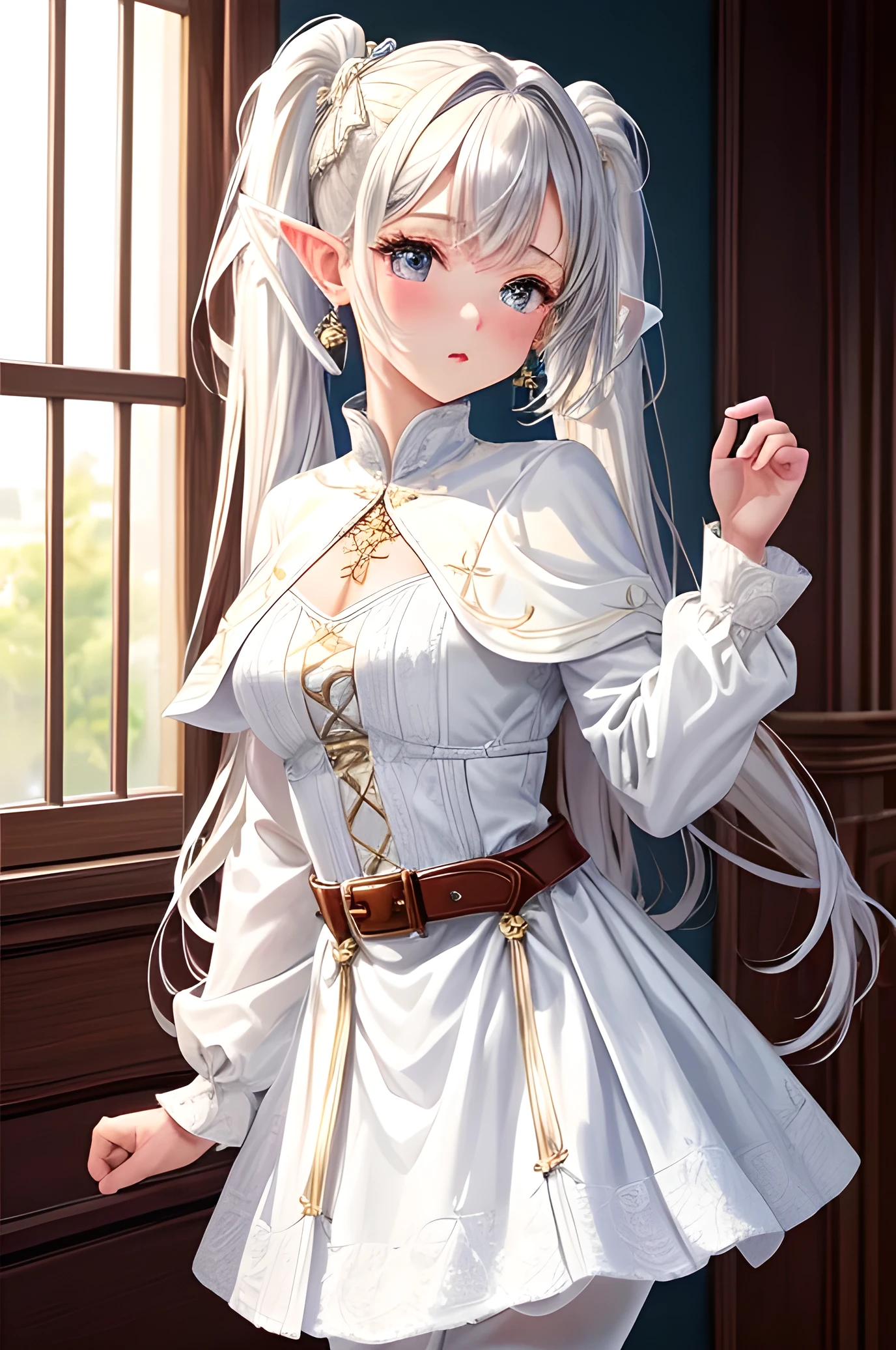 (masterpiece, highest quality), Intricate details, One girl, Freezing, Long Hair, Pointed Ears, jewelry, Earrings, Twin tails, Long sleeve, Capelet, white Capelet, dress, Parted bangs, white dress, belt, pantyhose