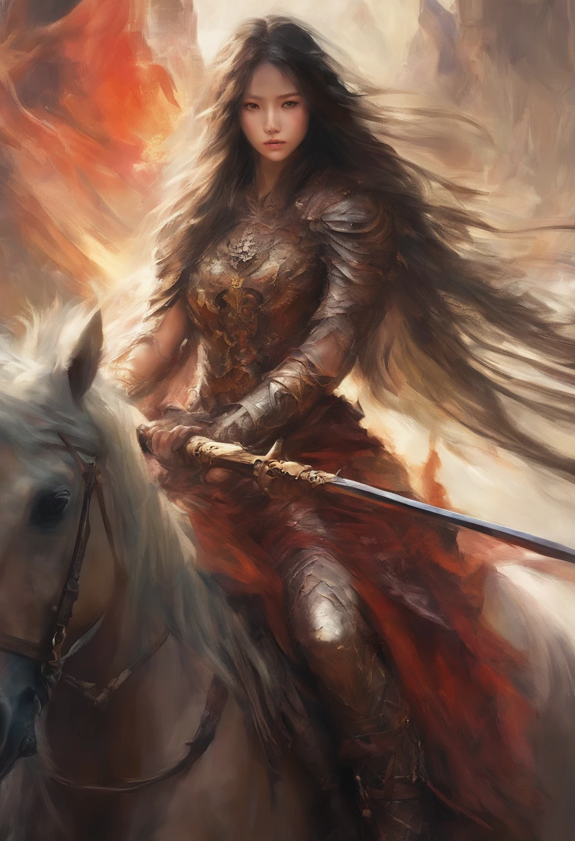 ((Reality、超Reality、Realism),Walls,war,25 year old girl,Eyes that refuse to admit defeat,long hair shawl,Light Armor頭盔,Cloak,Light Armor,horse riding,Holding a spear
