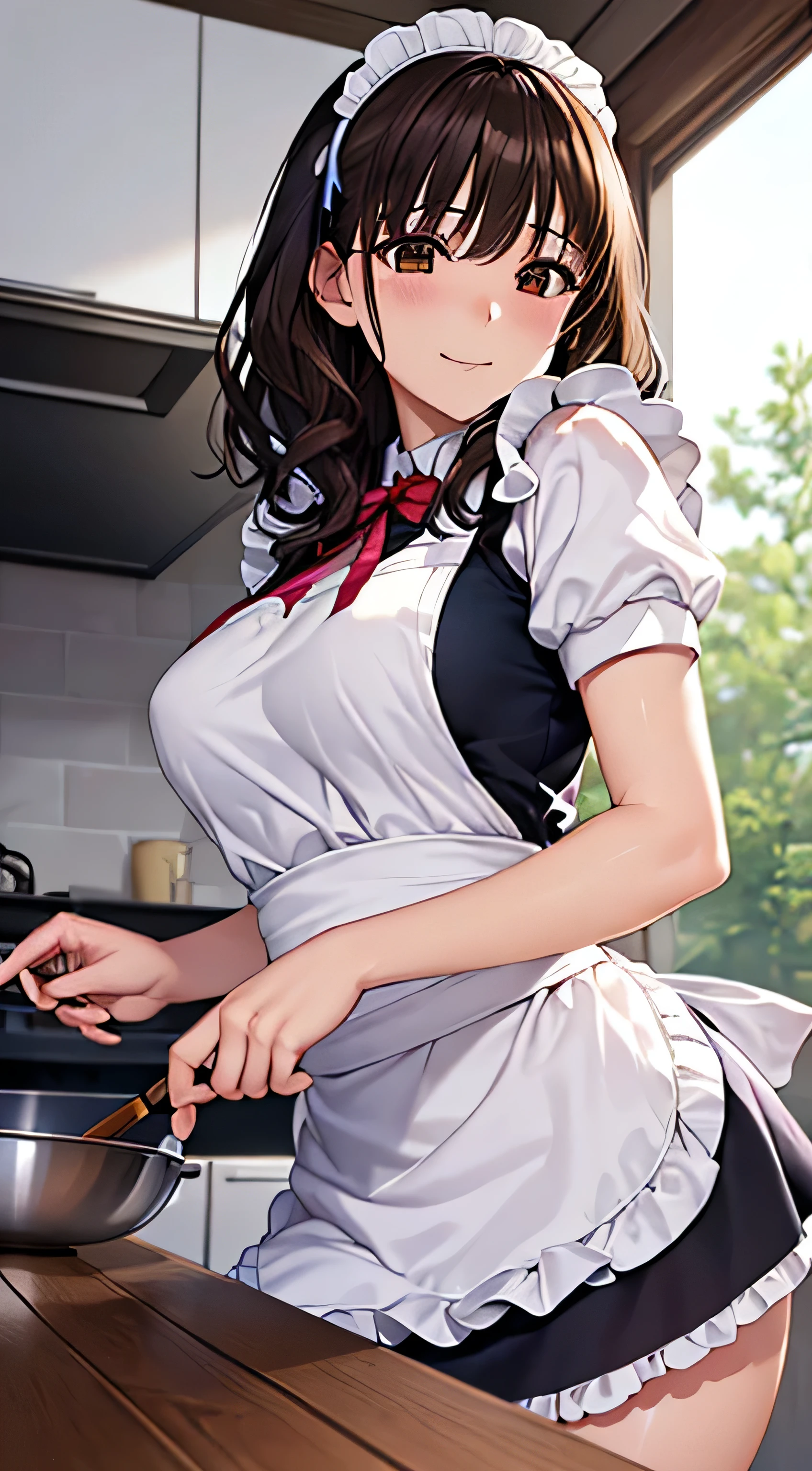 ((Tabletop, highest quality, High resolution, , Pixel perfect, 4K,))), 1 beautiful woman, private teacher、The whole body is visible、 ((Mid-wave hair, bangs, Brown Hair)), ((Brown eyes, Beautiful eyelashes, Realistic eyes)), ((Detailed face, Blushing:1.2)), ((Smooth texture:0.75, Realistic texture:0.65, Realistic:1.1, Anime CG Style)), middle size breast, Dynamic Angle, Perfect body, (( , ,  、Frill apron, Maid Costume、、))、Cooking in the kitchen、、I can see all of your panties、Very embarrassing panic smile, 、、、、(Pink floral lace panties are visible、Stick your butt out)、Angle from below)、